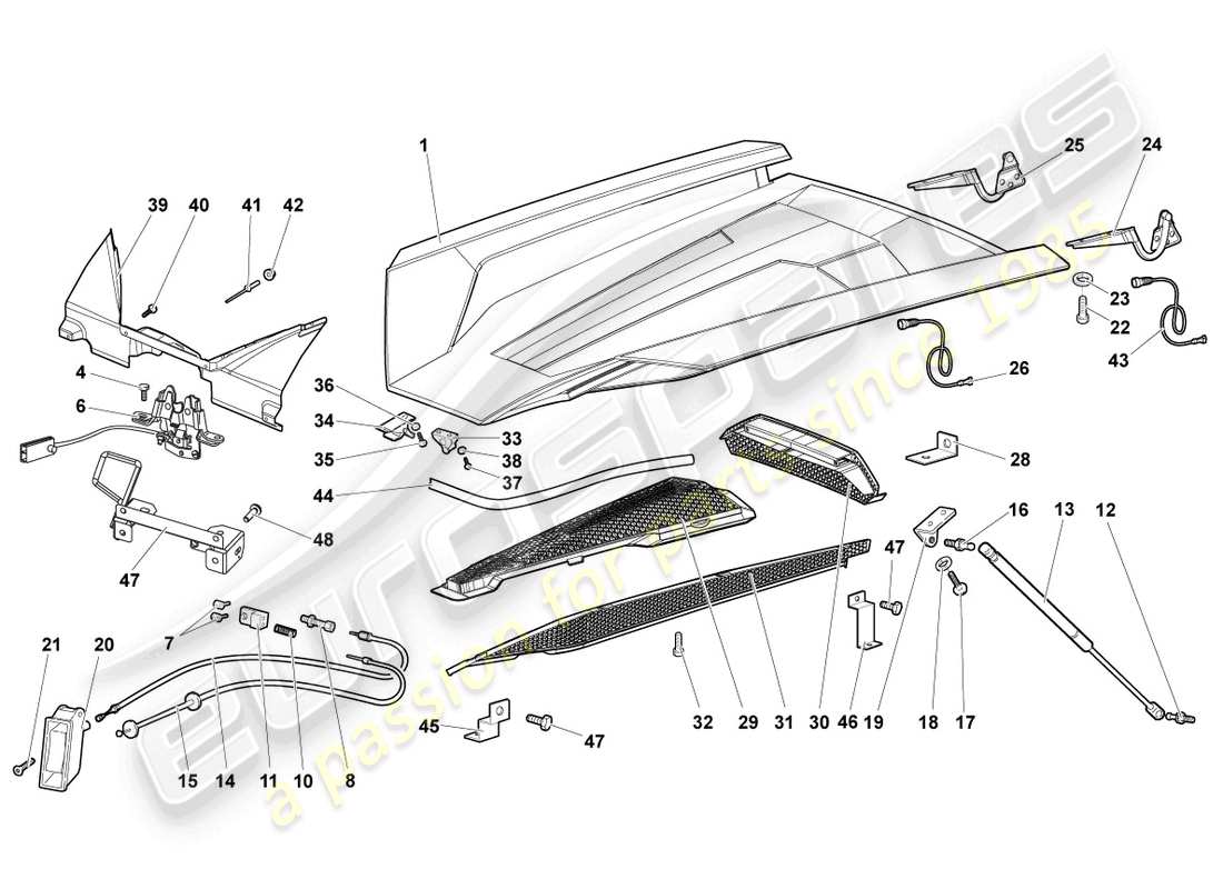 lamborghini murcielago roadster (2005) klappe für motorabdeckung ersatzteildiagramm