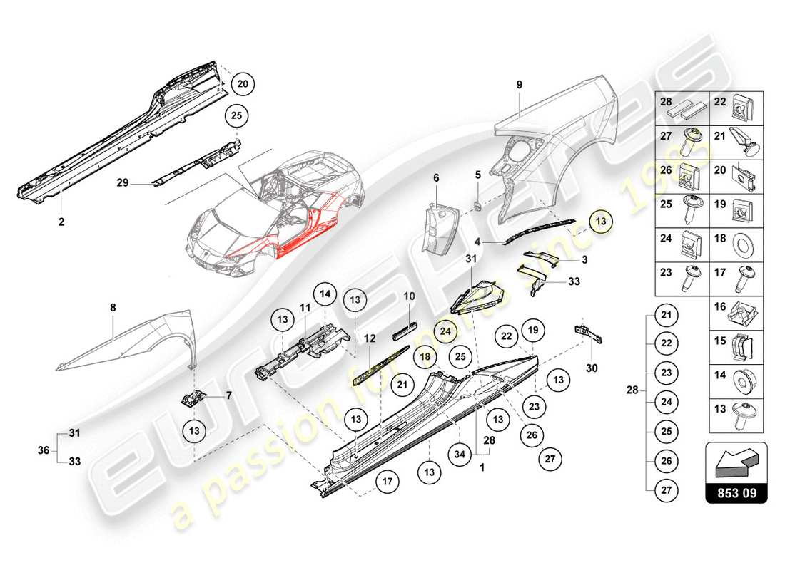 lamborghini evo spyder (2020) unteres äußeres seitenteil für radkasten ersatzteildiagramm