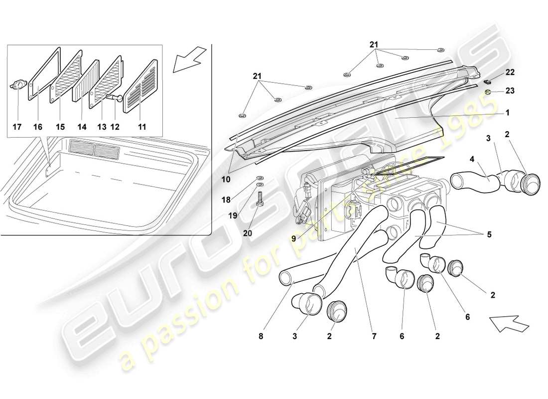 lamborghini murcielago coupe (2005) luft- und fussraumheizkanäle, luftschläuche und entlüftung teilediagramm