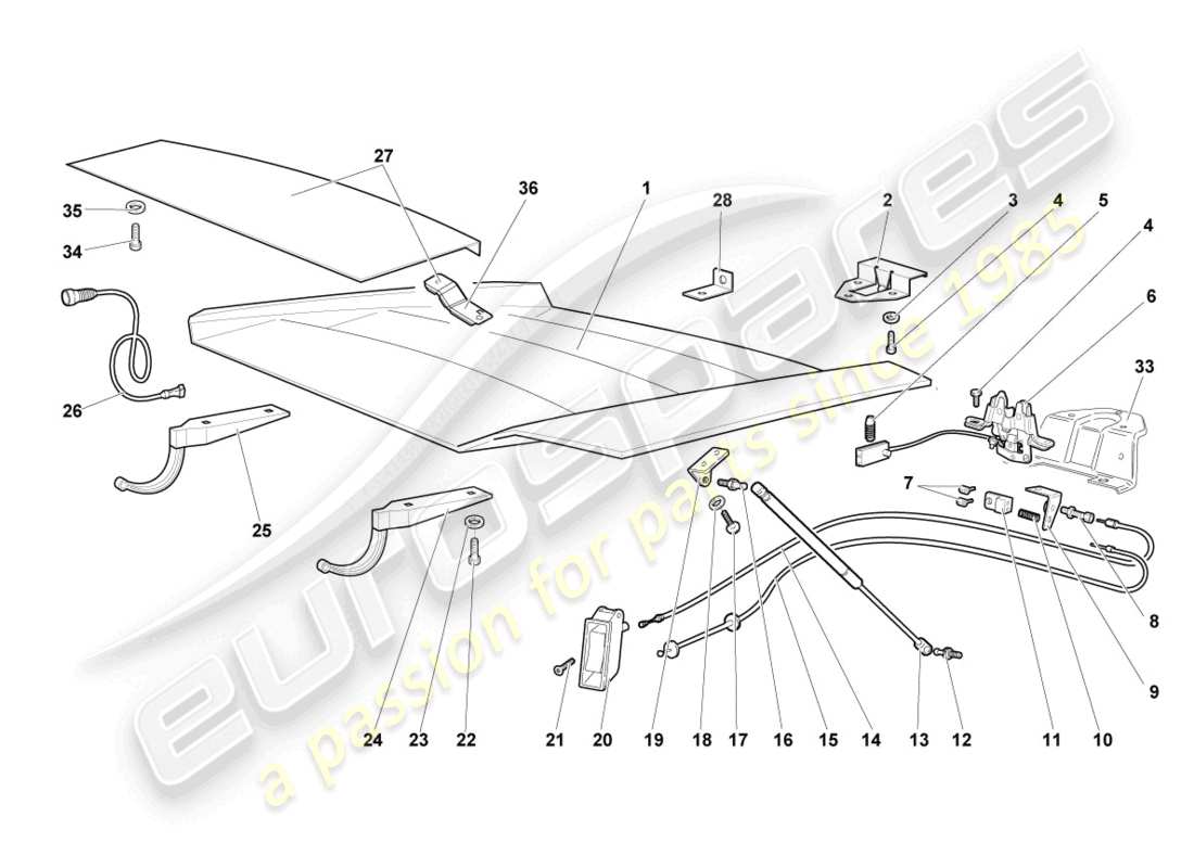 lamborghini murcielago coupe (2005) klappe für motorabdeckung ersatzteildiagramm