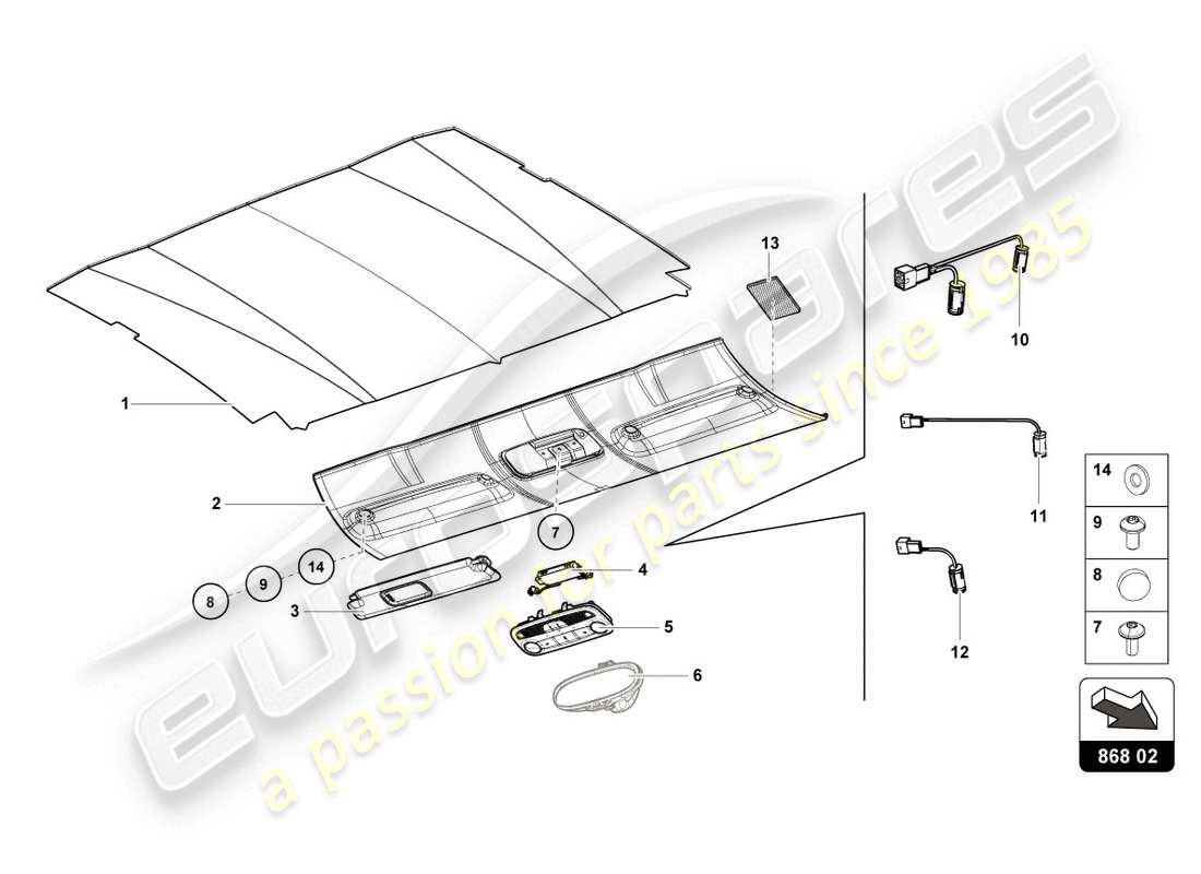 lamborghini evo coupe (2020) dachverkleidung - teilediagramm