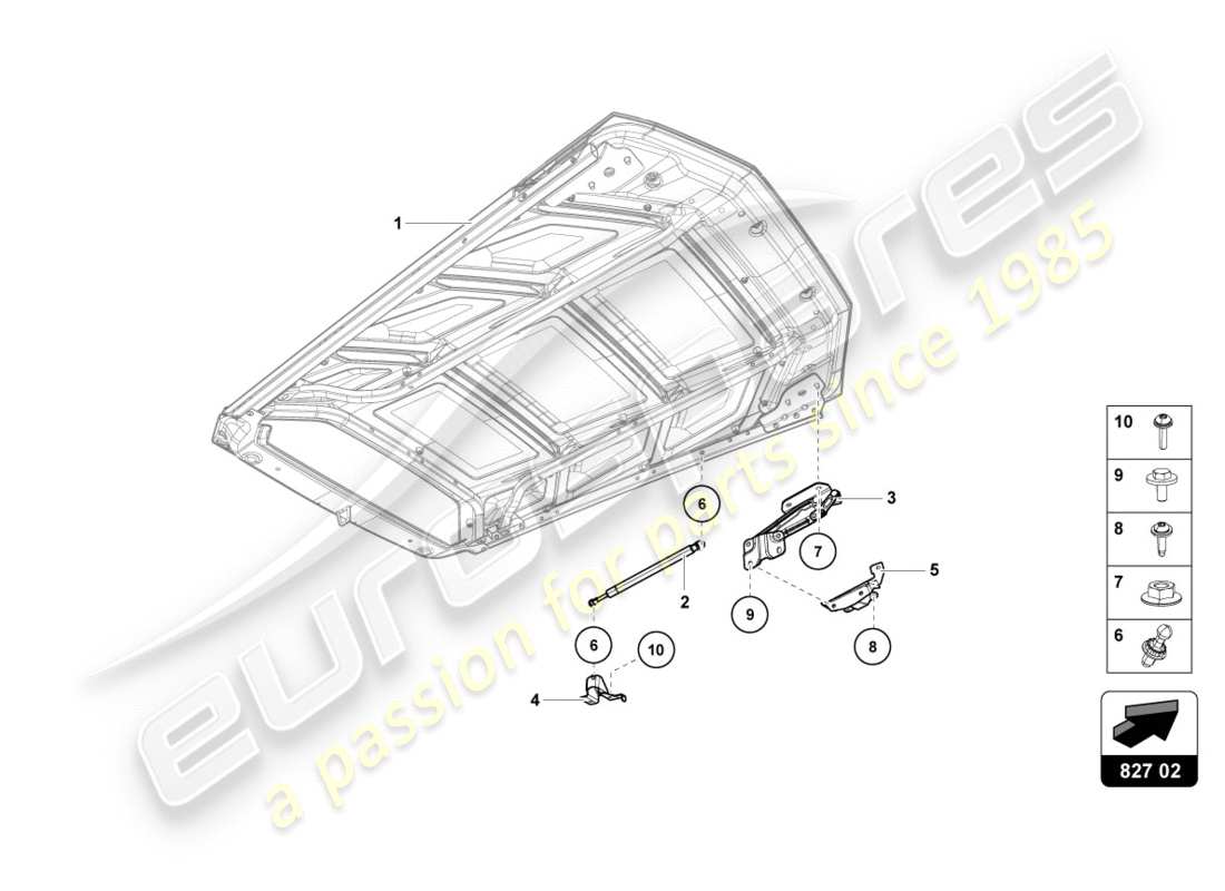 lamborghini performante coupe (2018) motorabdeckung mit inspektionsabdeckung ersatzteildiagramm
