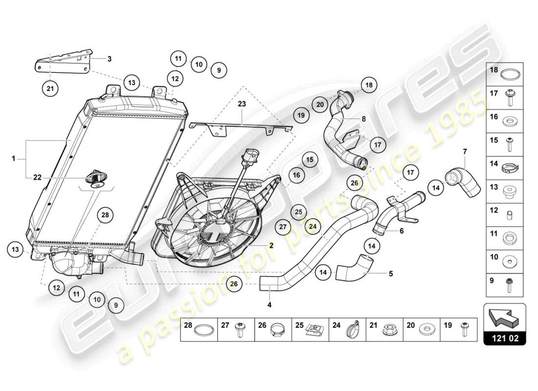 lamborghini lp740-4 s roadster (2018) kühler für kühlmittel ersatzteildiagramm