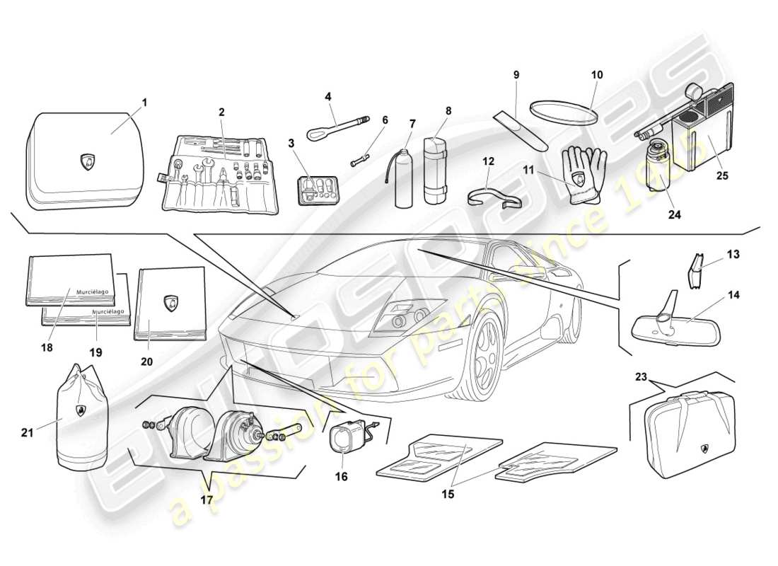 lamborghini murcielago coupe (2004) fahrzeugwerkzeuge ersatzteildiagramm