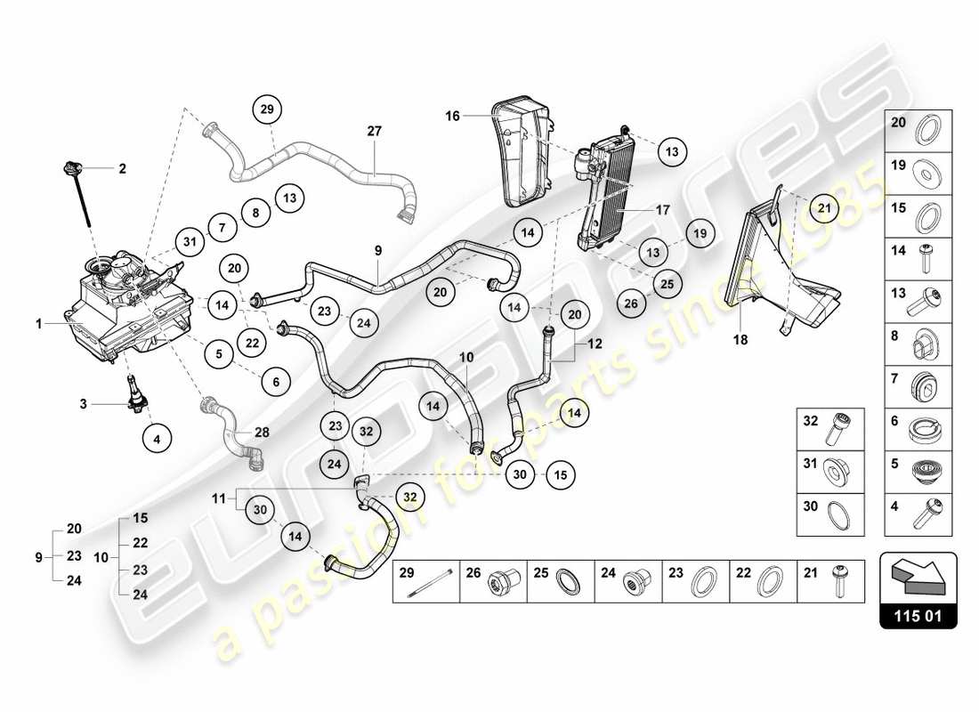 lamborghini lp610-4 avio (2016) hydrauliksystem und flüssigkeitsbehälter mit anschlussstücken ersatzteildiagramm