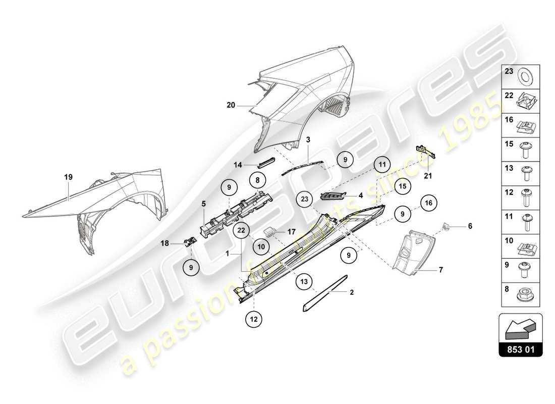 lamborghini lp610-4 coupe (2018) unteres äußeres seitenteil für radkasten ersatzteildiagramm