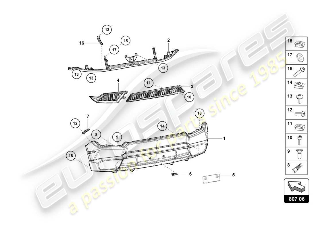 lamborghini 2018 (lp580-2 spyder) stoßstange, komplett hinten, ersatzteildiagramm