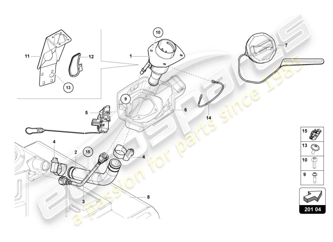 lamborghini lp750-4 sv roadster (2016) kraftstoffeinfüllstutzen mit restrict ersatzteildiagramm