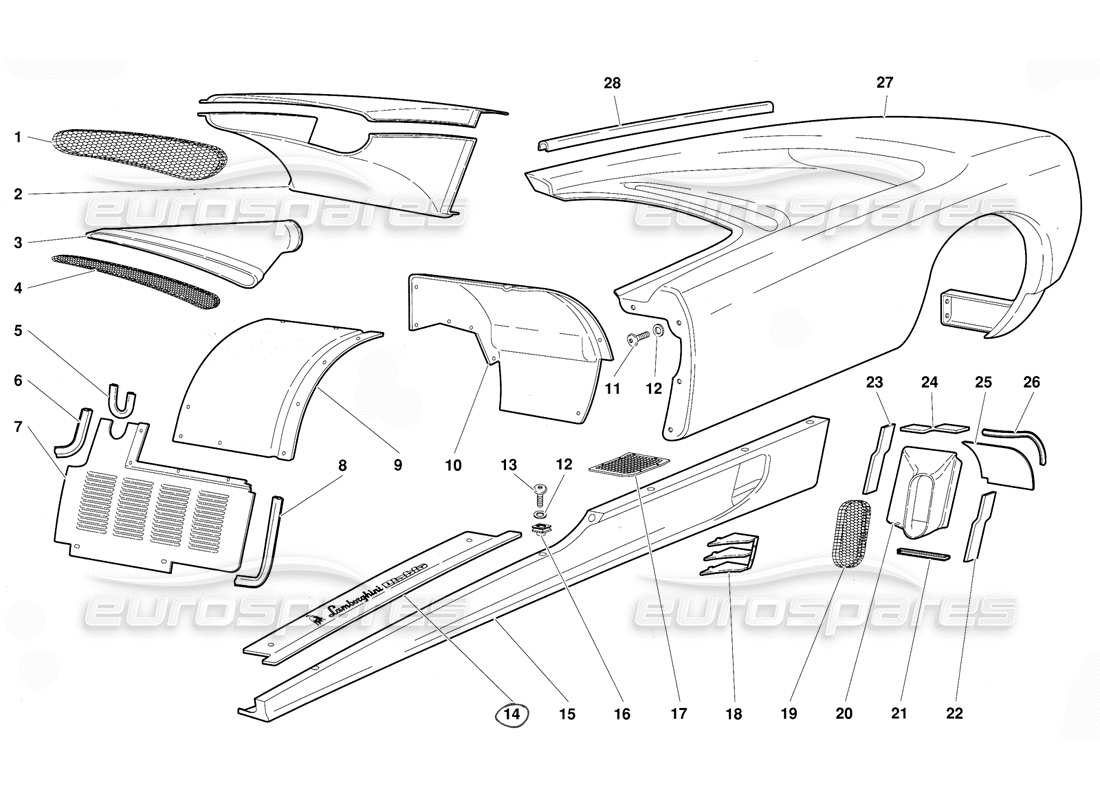 lamborghini diablo (1991) körperelemente - teilediagramm der linken flanke