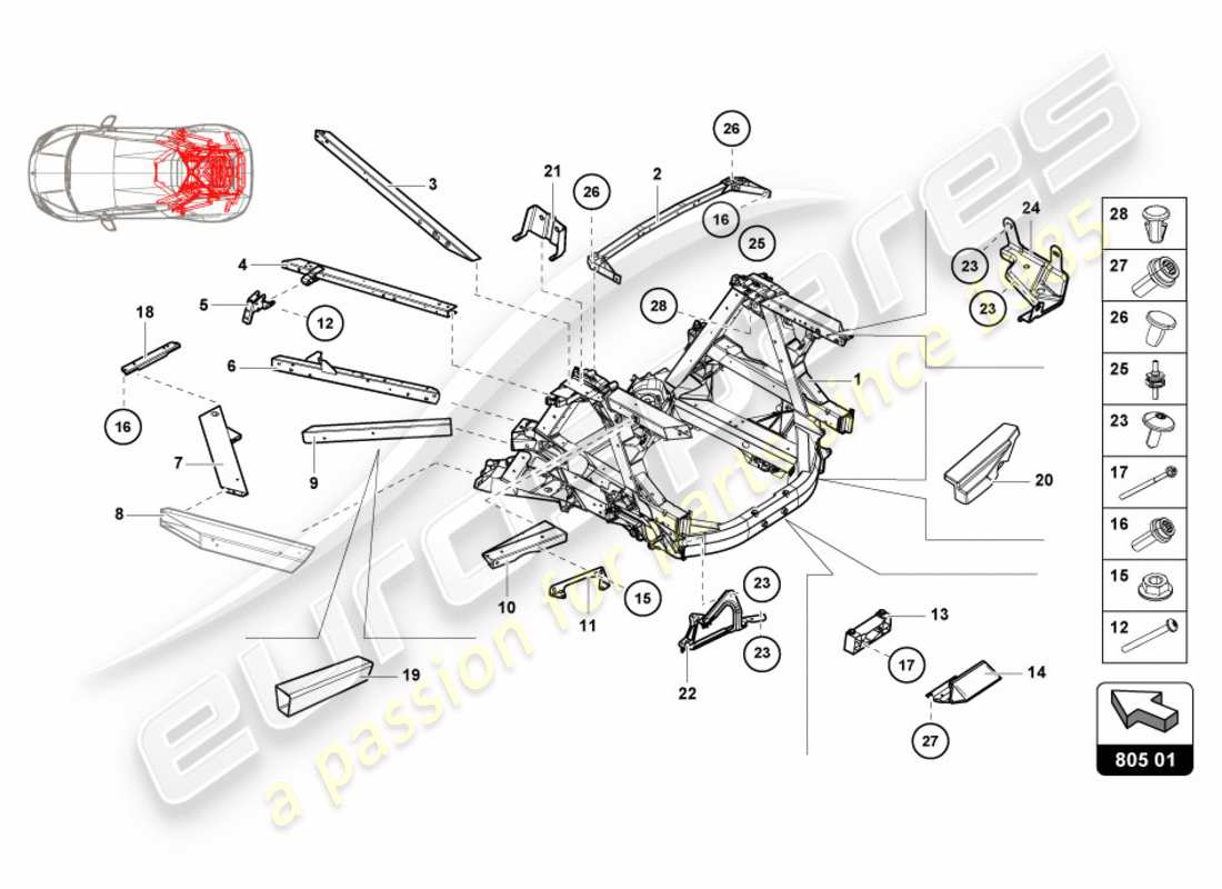 lamborghini lp610-4 spyder (2019) fahrgestell hinten, innen teilediagramm