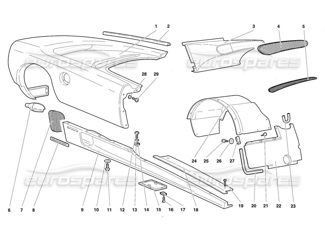 lamborghini diablo sv (1997) körperelemente - teilediagramm der rechten flanke