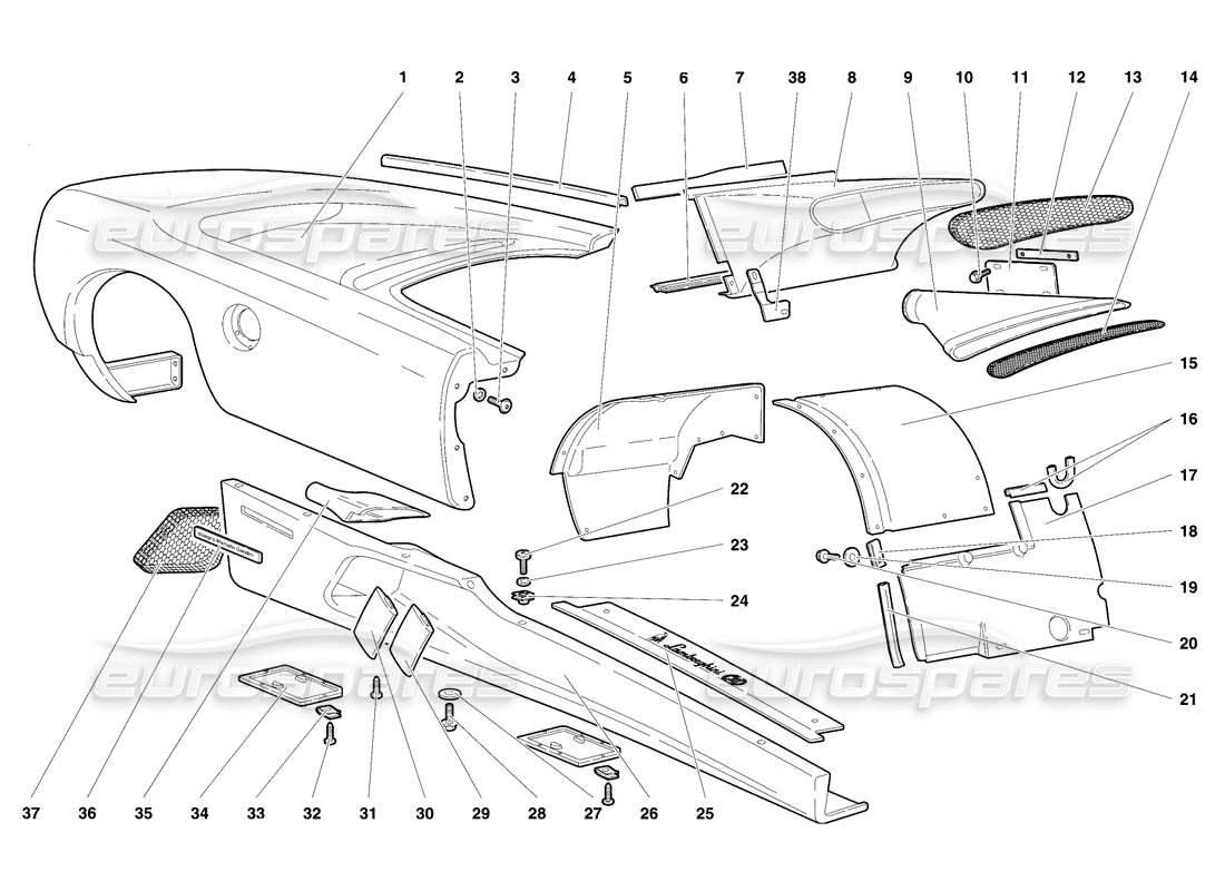 lamborghini diablo se30 (1995) körperelemente - teilediagramm der rechten flanke