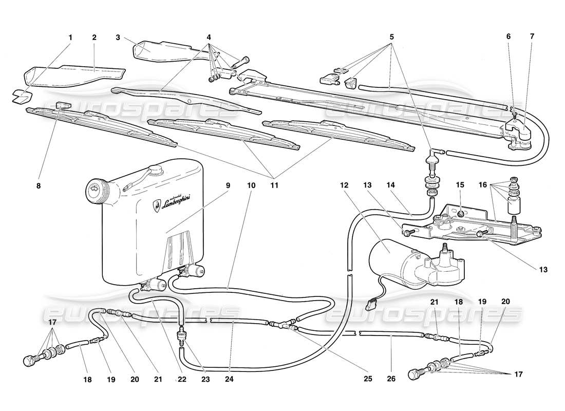 lamborghini diablo sv (1997) teilediagramm für scheibenwischer und scheinwerferwaschanlage