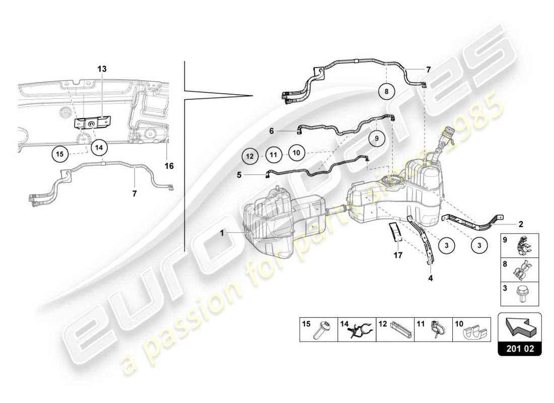 lamborghini evo spyder (2020) für kraftstofftank und kraftstoffleitung kraftstoffleitungsbefestigungen teilediagramm