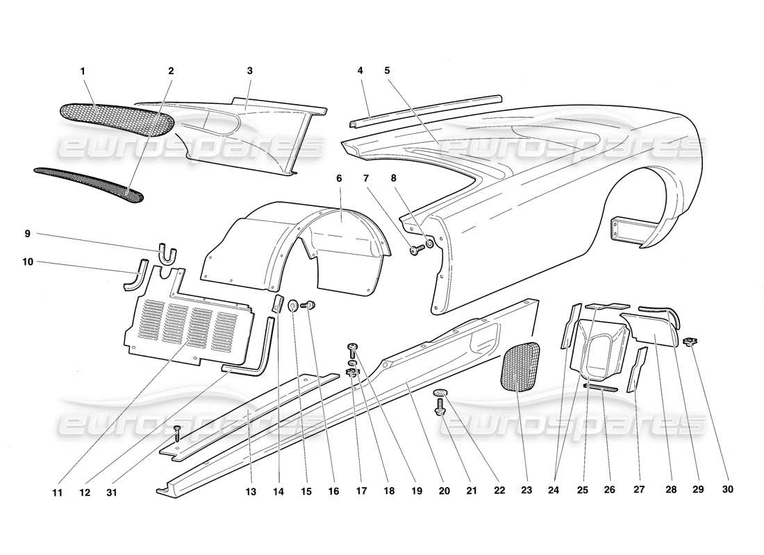 lamborghini diablo sv (1997) karosserieelemente - teilediagramm der linken flanke