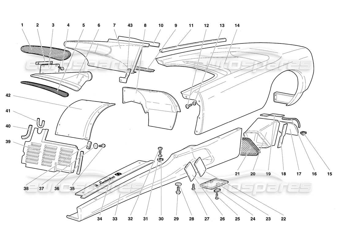 lamborghini diablo se30 (1995) karosserieelemente - teilediagramm der linken flanke