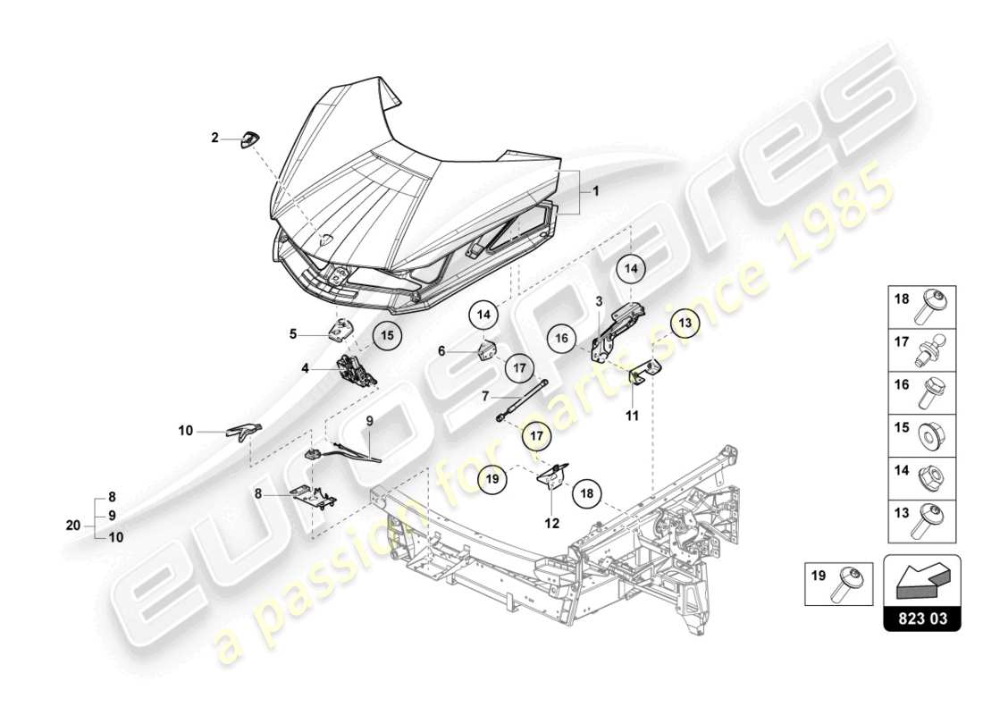 lamborghini sian (2020) motorhaube vorne teilediagramm