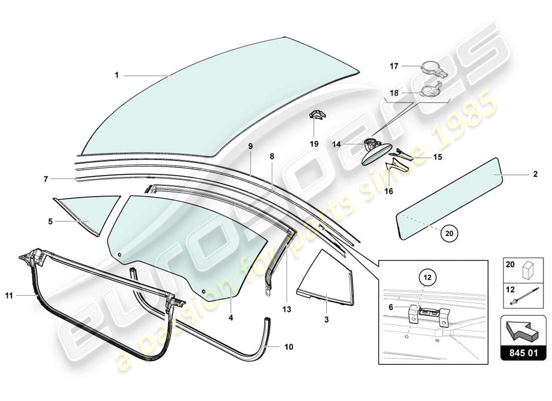 lamborghini lp720-4 coupe 50 (2014) fenstergläser ersatzteildiagramm