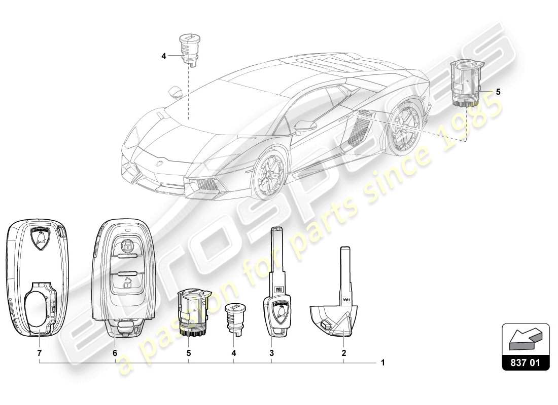 lamborghini lp720-4 coupe 50 (2014) schlosszylinder mit schlüssel ersatzteildiagramm