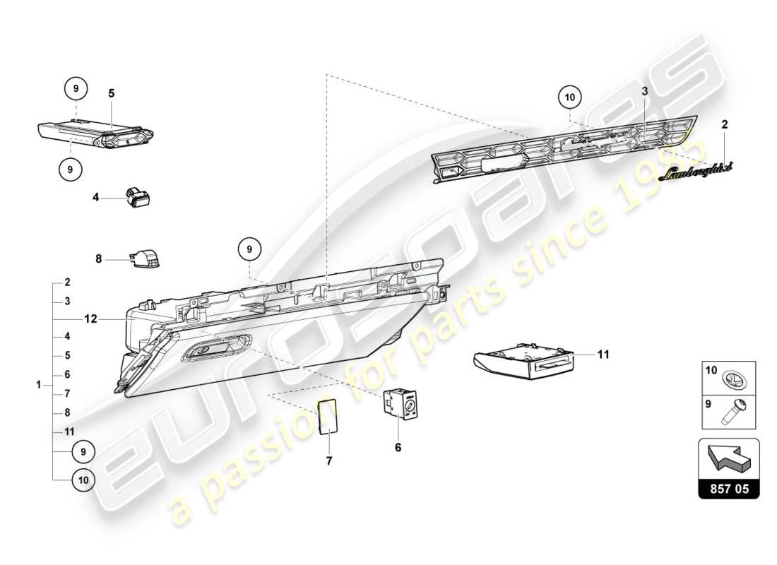 lamborghini performante coupe (2020) handschuhfach teilediagramm