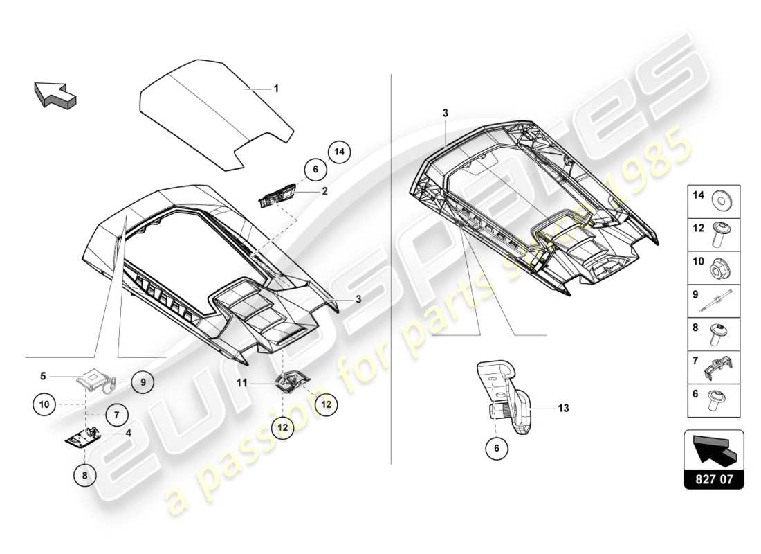 lamborghini performante coupe (2020) motorabdeckung mit inspektionsabdeckung ersatzteildiagramm