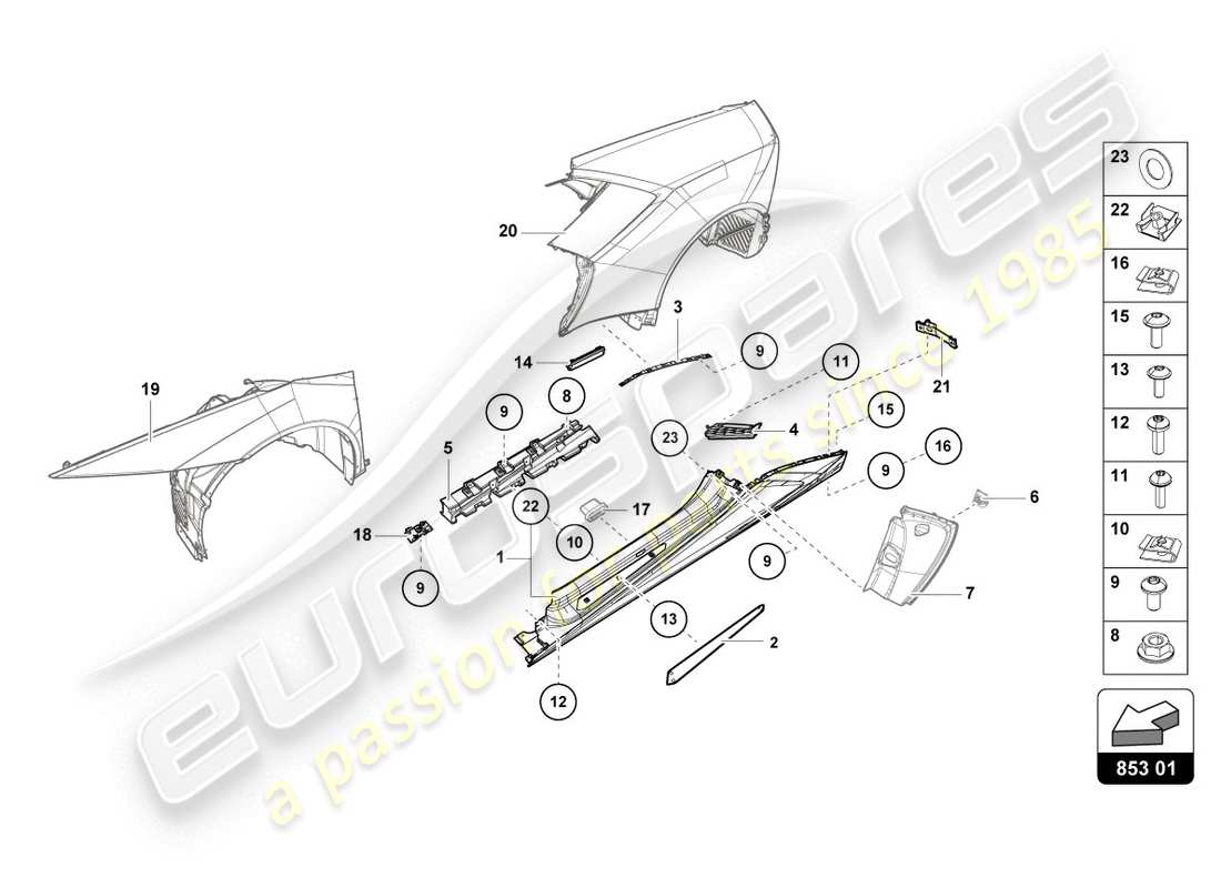 lamborghini lp610-4 coupe (2016) unteres äußeres seitenteil für radkasten ersatzteildiagramm