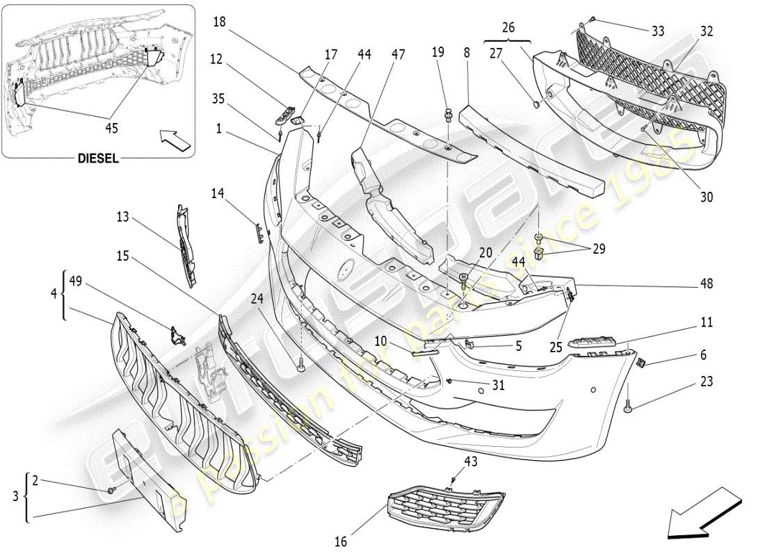 maserati ghibli (2021) frontstoßstange teilediagramm
