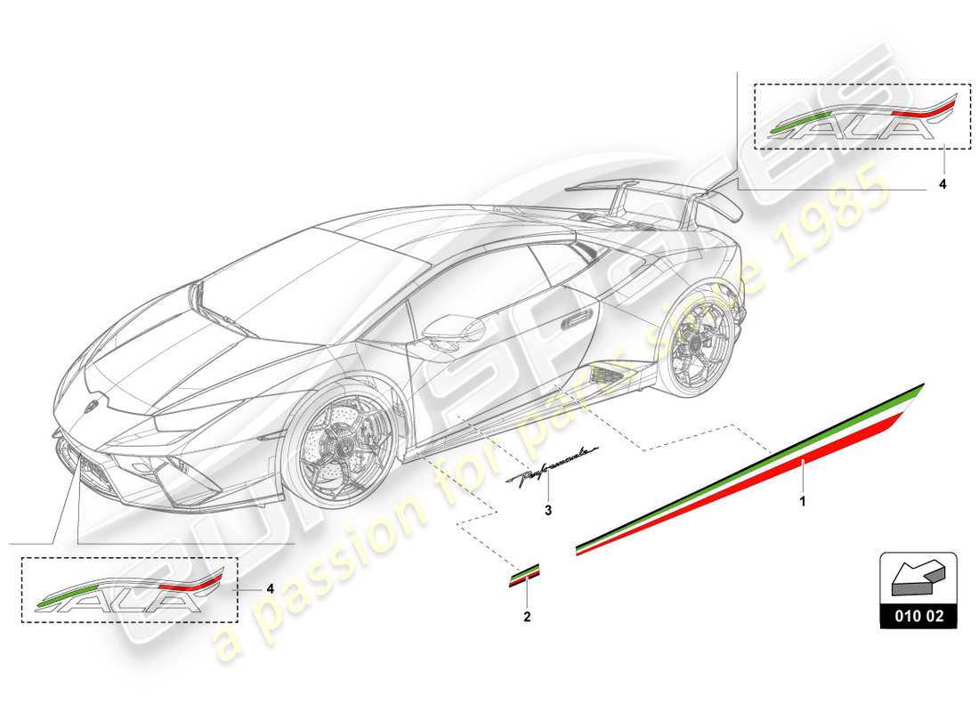 lamborghini performante coupe (2018) dekorative klebestreifen ersatzteildiagramm