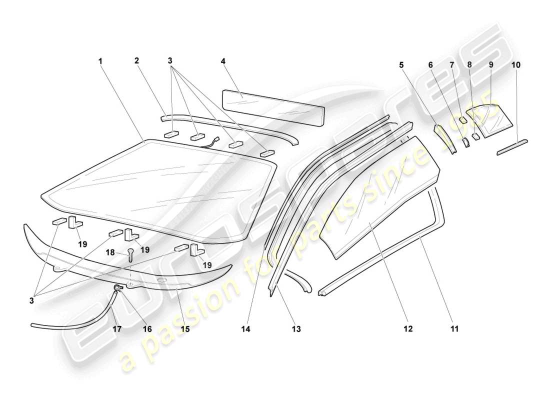 lamborghini murcielago coupe (2002) fenstergläser ersatzteildiagramm