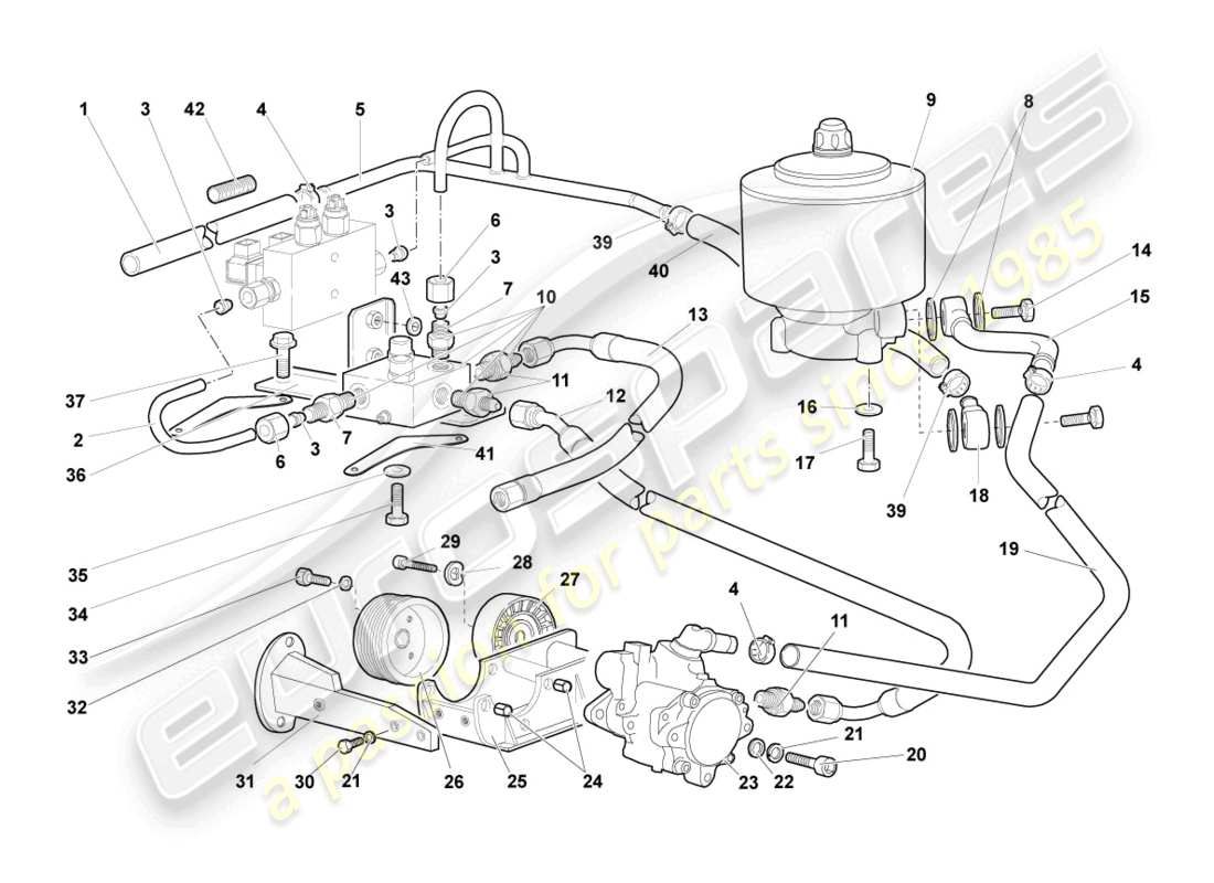 lamborghini murcielago coupe (2004) hydrauliksystem und flüssigkeitsbehälter mit anschlussstücken ersatzteildiagramm