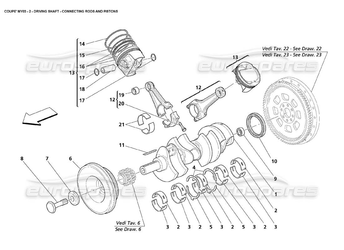 maserati 4200 coupe (2003) teilediagramm für kurbelwellenpleuel und kolben