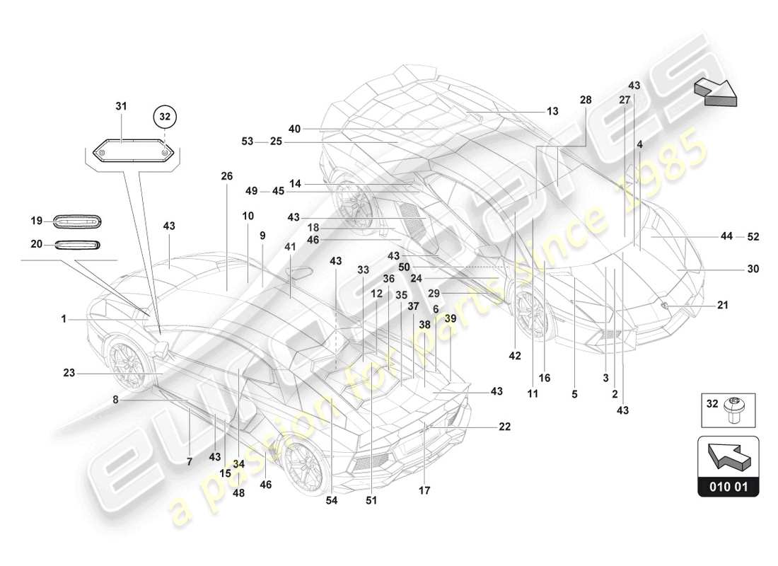 lamborghini lp740-4 s roadster (2021) typenschilder ersatzteil-diagramm