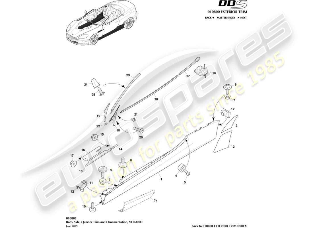 aston martin dbs (2014) seiten- und seitenverkleidung, volante-teilediagramm