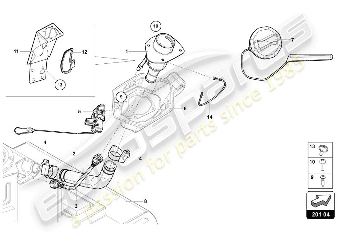 lamborghini 2014 (lp720-4 coupe 50) kraftstoffeinfüllstutzen mit einschränkung nur für bleifreien kraftstoff ersatzteildiagramm