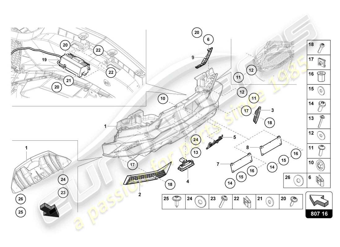 lamborghini lp740-4 s coupe (2018) stoßstange, komplett hinten teilediagramm