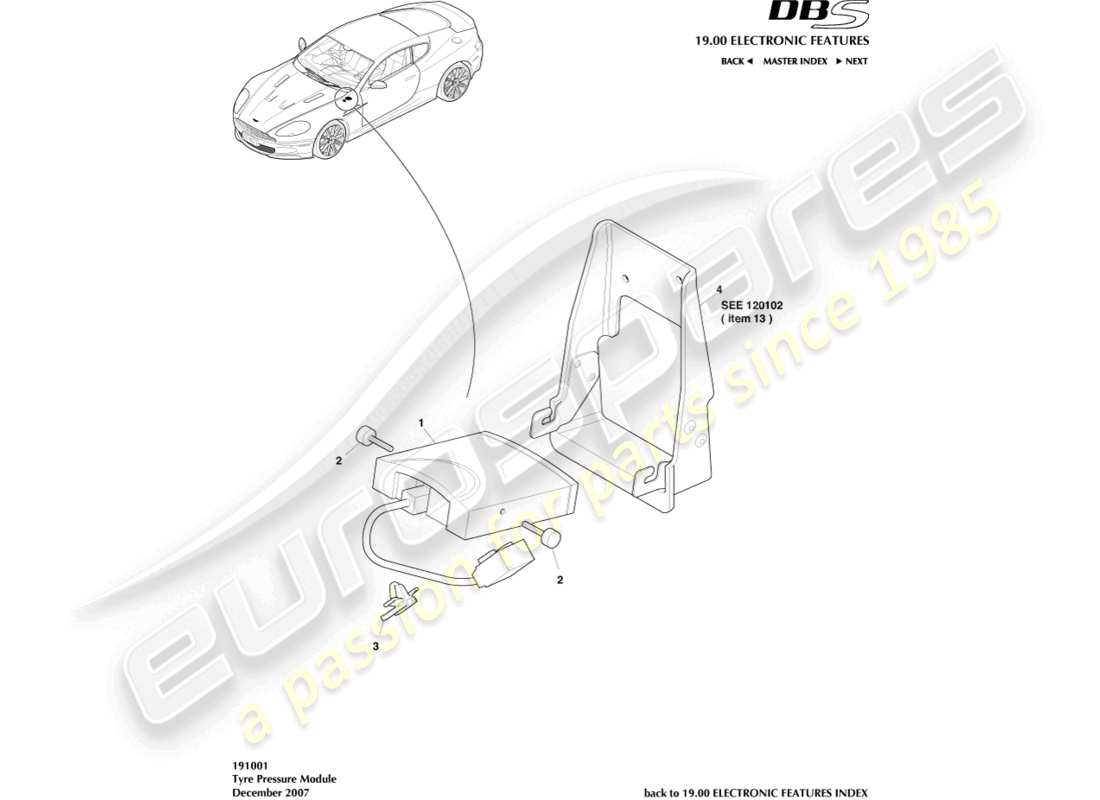 aston martin dbs (2007) teilediagramm des reifendruckmoduls