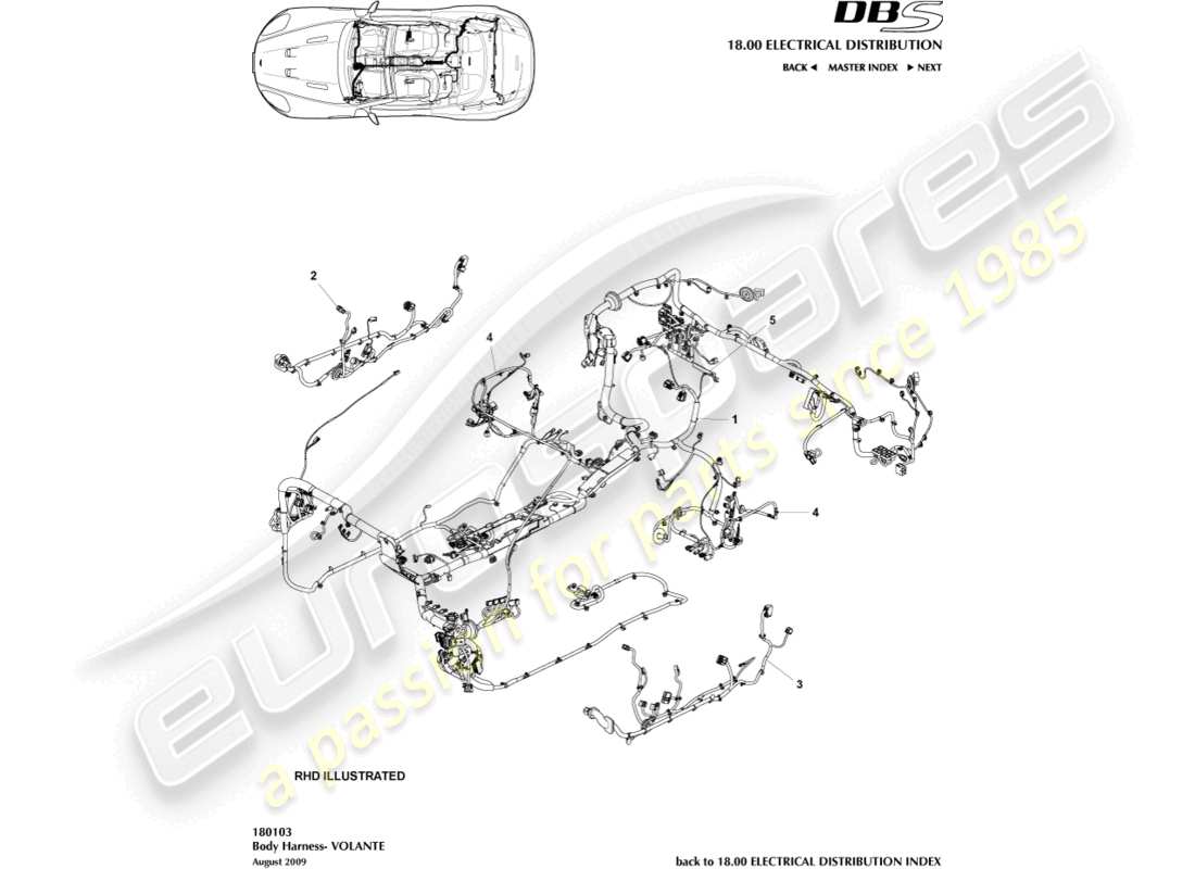 aston martin dbs (2012) karosseriekabelbaum, volante-ersatzteildiagramm
