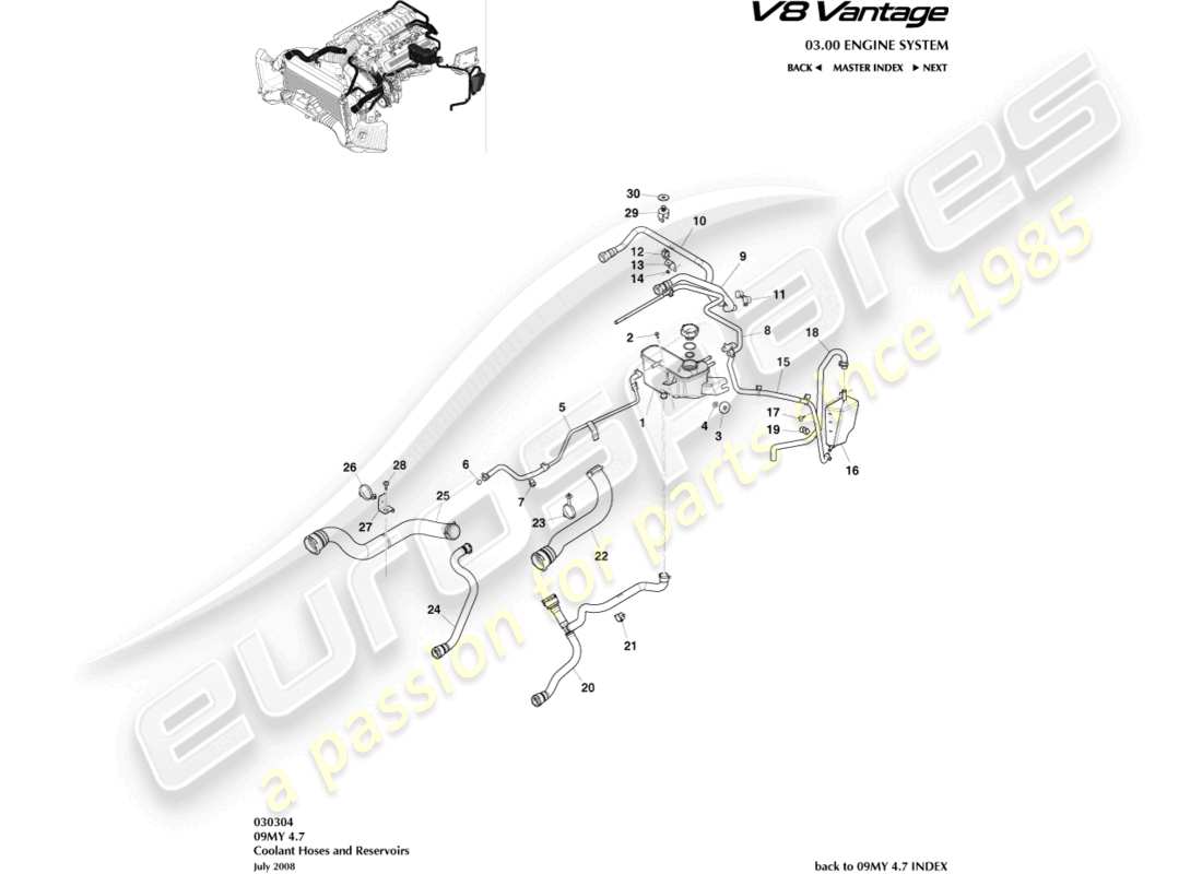 aston martin v8 vantage (2010) teilediagramm für kühlmittelschläuche und -behälter