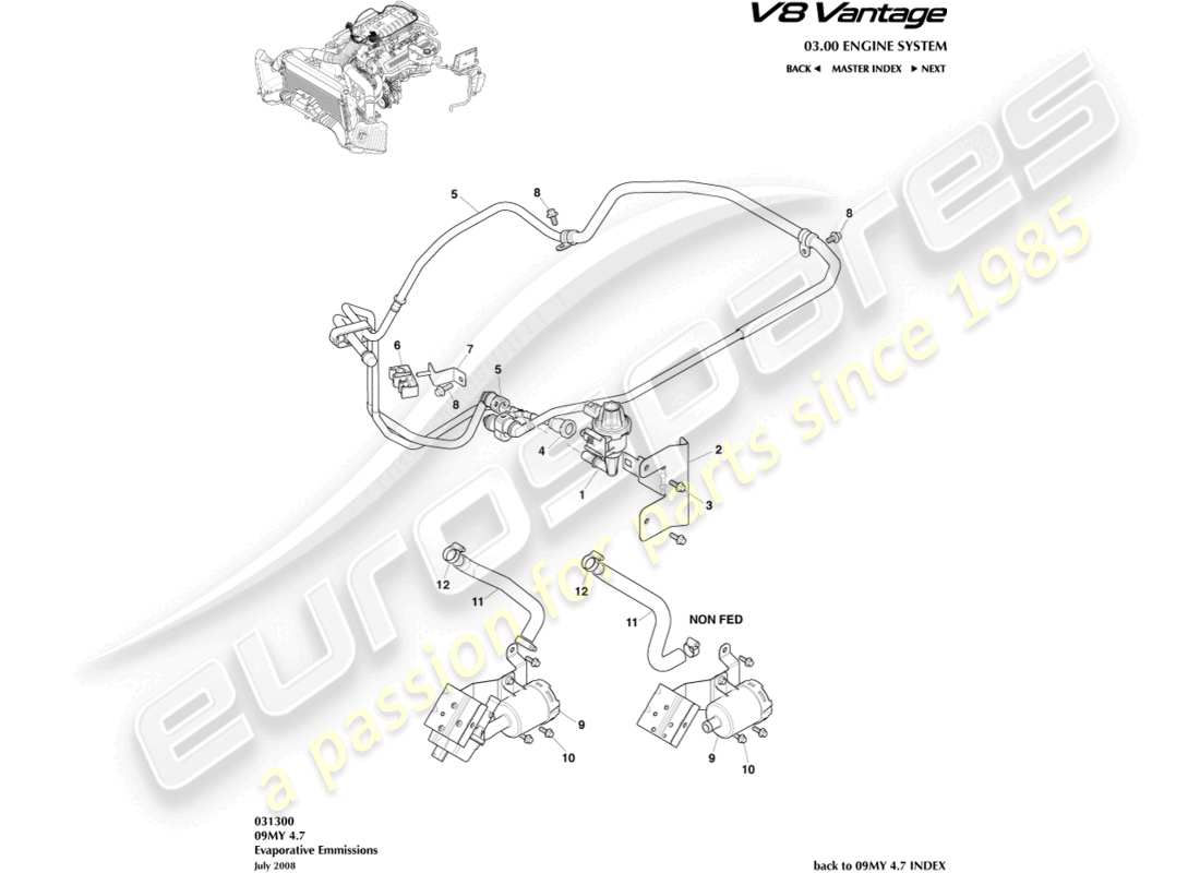 aston martin v8 vantage (2014) teilediagramm für verdunstungsemissionen