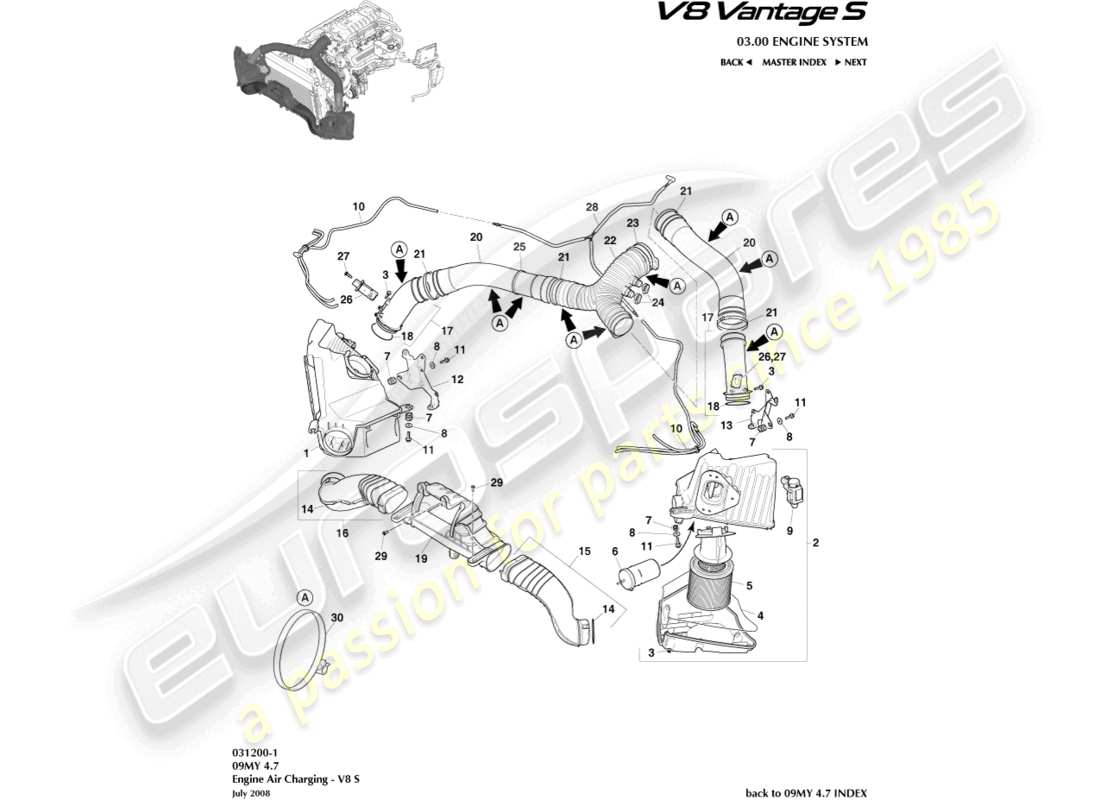 aston martin v8 vantage (2010) luftaufladung, v8s teilediagramm