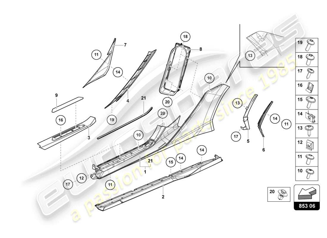 lamborghini sian (2020) unteres äußeres seitenteil für radkasten ersatzteildiagramm