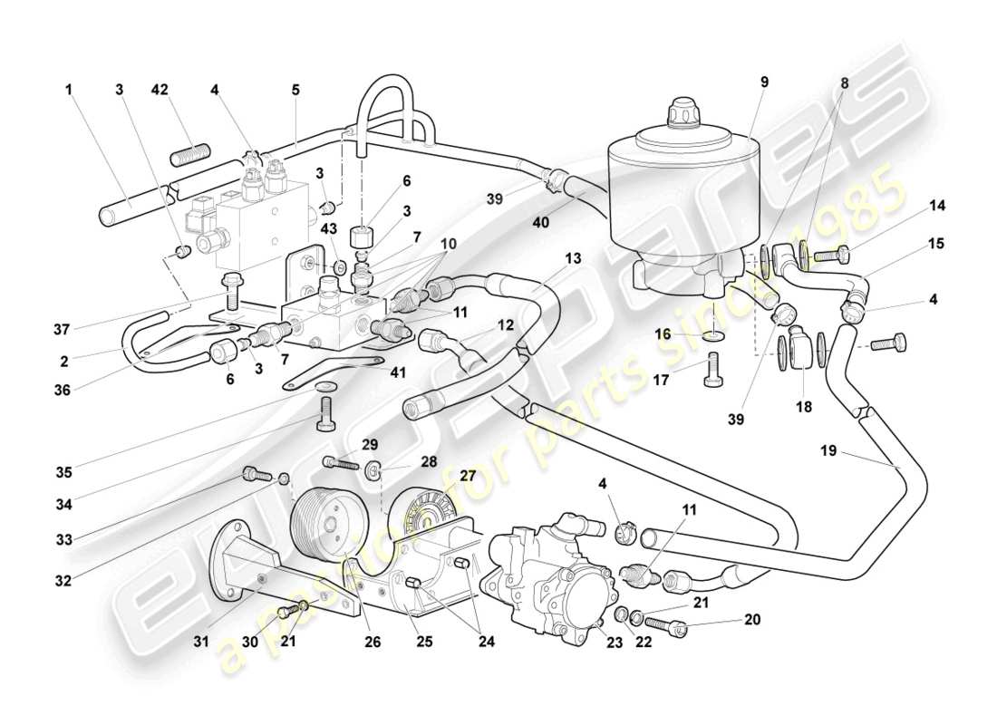 lamborghini murcielago coupe (2002) hydrauliksystem und flüssigkeitsbehälter mit anschlussstücken ersatzteildiagramm