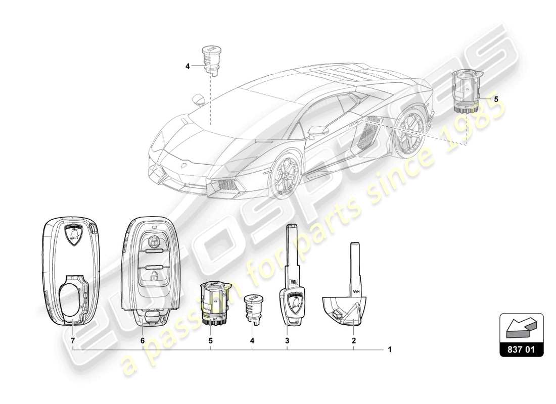 lamborghini lp700-4 coupe (2013) schlosszylinder mit schlüssel ersatzteildiagramm