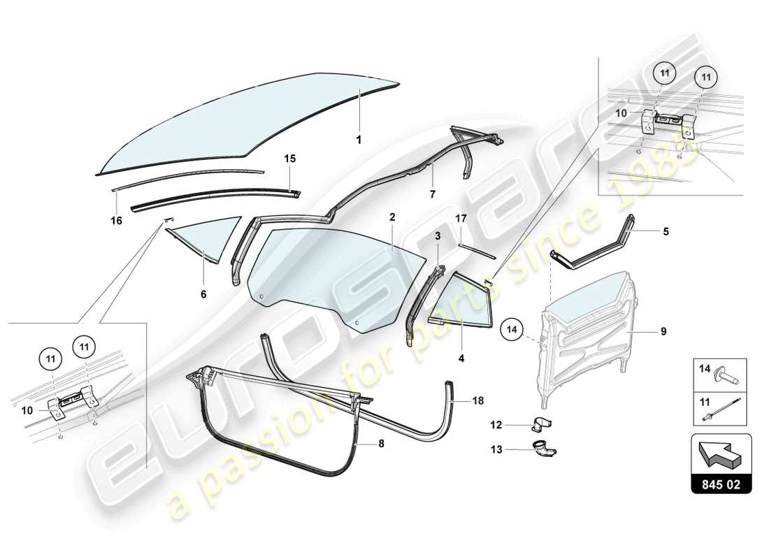 lamborghini 2018 (lp740-4 s roadster) fenstergläser ersatzteildiagramm