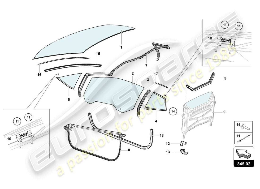 lamborghini lp720-4 roadster 50 (2014) fenstergläser ersatzteildiagramm