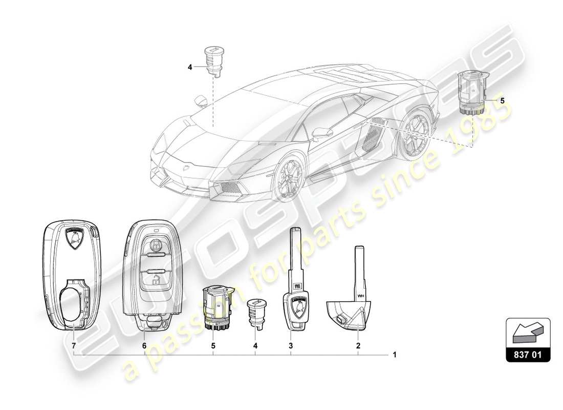 lamborghini lp700-4 coupe (2012) schlosszylinder mit schlüssel ersatzteildiagramm