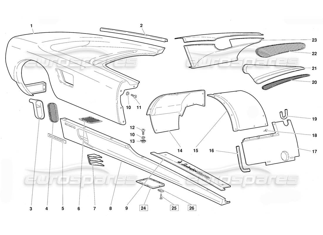 lamborghini diablo (1991) körperelemente – rechte flanke (gültig für die juni-1992-version) teilediagramm