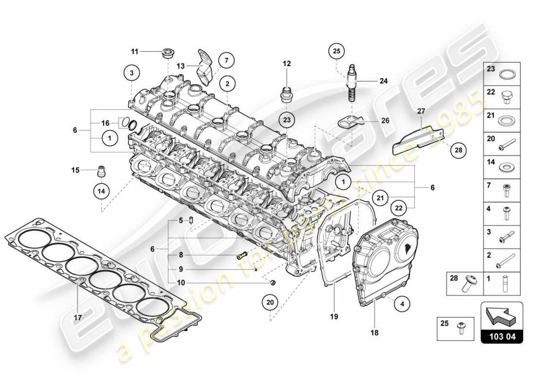 lamborghini centenario coupe (2017) zylinderkopf mit bolzen und zentrierhülsen ersatzteildiagramm