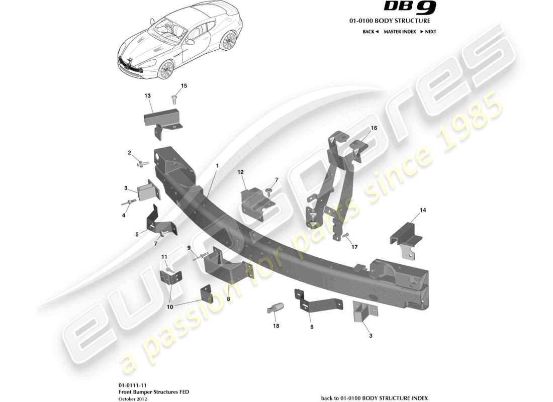 aston martin db9 (2016) vordere stoßfängerstruktur, federal-teilediagramm