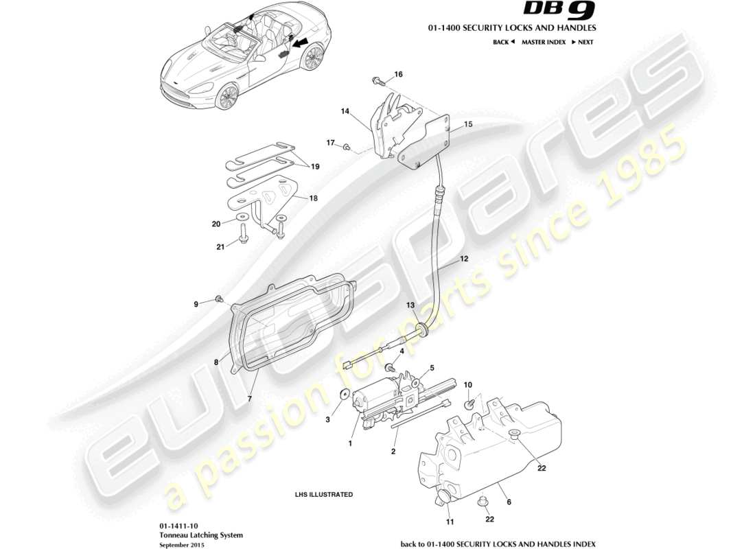 aston martin db9 (2016) teilediagramm für tonneau-verriegelungen